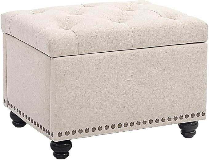 CangLong 24 Inch Modern Tufted Bedroom Storage Ottoman Bench, Linen Lift Top Upholstered Foam Padded Rectangular Footstool, Easy Assemble Ottoman, Beige
