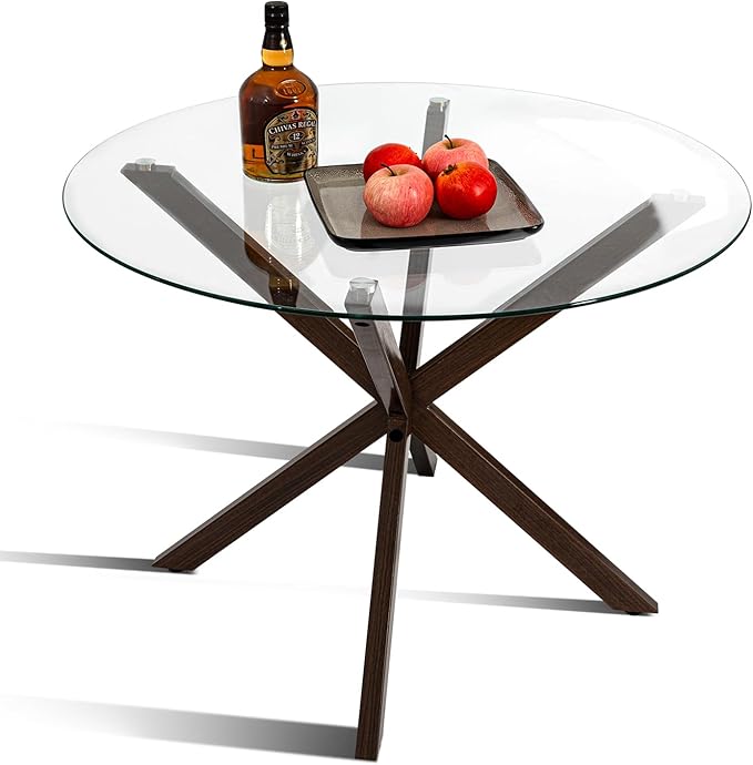 CangLong 35.5" Glass Round Dining Table for 2-4 People, Mid-Century Modern Coffee Table, Clear Tempered Glass Tabletop with Stable Metal Legs for Home, Conference, Office & Restaurant, White
