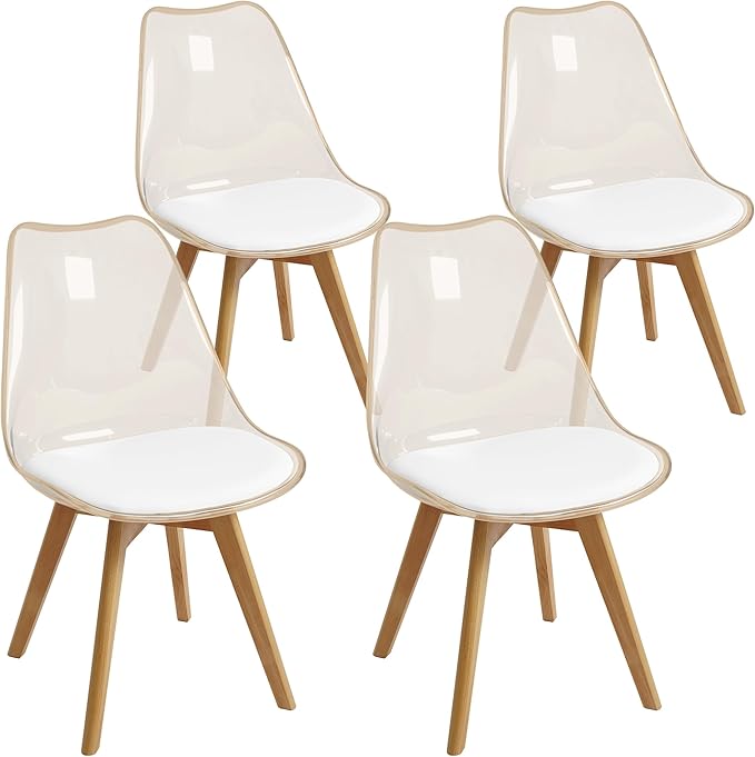 CangLong Dining Chairs Set of 4, Mid Century Modern Kitchen and Dining Chair, Soft Padded Dining Desk Chairs with Wood Legs, for Kitchen, Dining, Living Room & Bedroom, Amber Transparent
